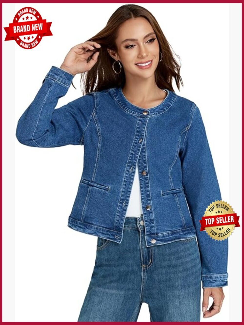 Cropped Denim Jacket Stretch Collarless Crop Shacket Slim Fit Spring